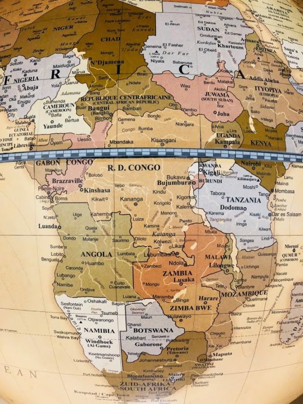 Close-up photo of Africa on world map of the Versus extra large contemporary world globe.