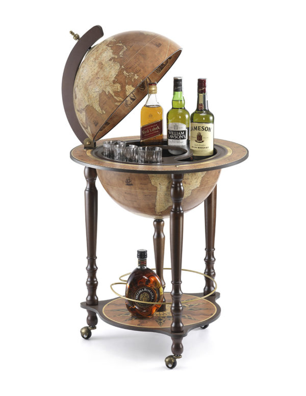 Da Vinci floor globe drinks cabinet - rust, open, product photo
