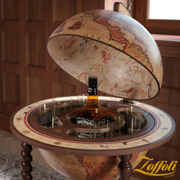 Product image of the honey brown Exceptional Explora floor globe bar cabinet - front view