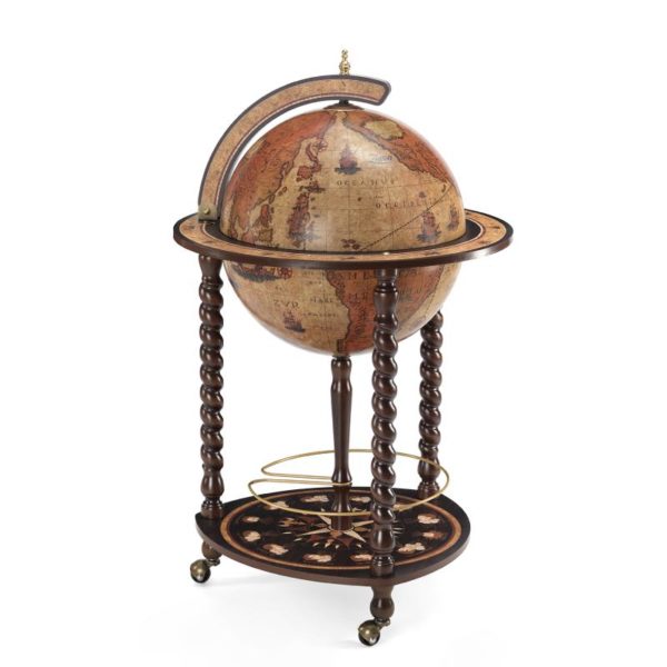 Product image of the honey brown Exceptional Explora floor globe bar cabinet - closed