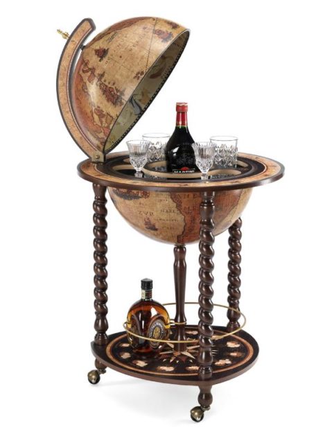 Product image of the honey brown Exceptional Explora floor globe bar cabinet - open