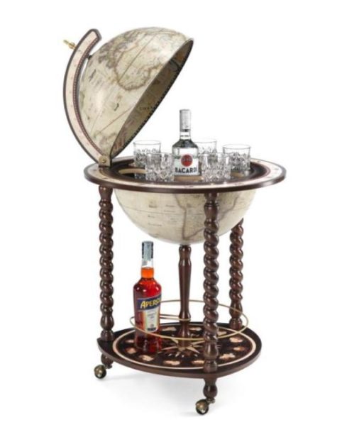 Product image of the antique white Exceptional Explora floor globe bar cabinet - open