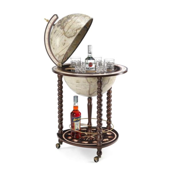 Product image of the antique white Exceptional Explora floor globe bar cabinet - open