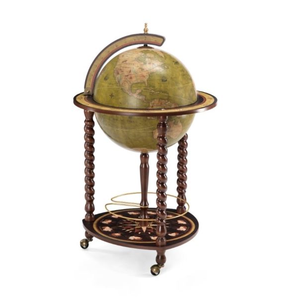 Product image of the olive green Exceptional Explora floor globe bar cabinet - closed